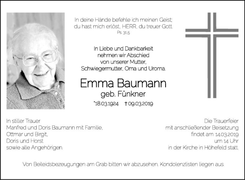  Traueranzeige für Emma Baumann vom 12.03.2019 aus Fränkische Nachrichten