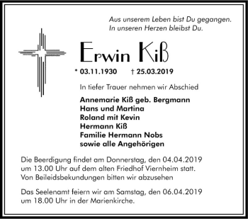 Traueranzeige von Erwin Kiß von Südhessen Morgen