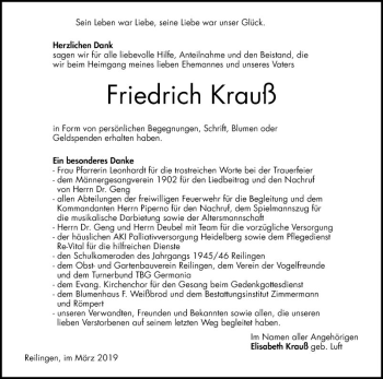 Traueranzeige von Friedrich Krauß von Schwetzinger Zeitung