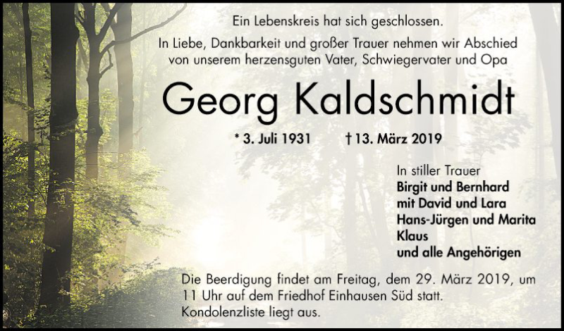  Traueranzeige für Georg Kaldschmidt vom 27.03.2019 aus Bergsträßer Anzeiger