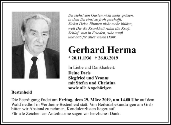 Traueranzeige von Gerhard Herma von Fränkische Nachrichten