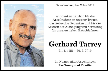 Traueranzeige von Gerhard Tarrey von Fränkische Nachrichten
