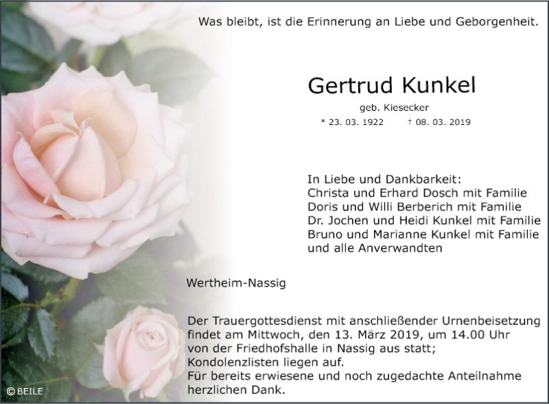  Traueranzeige für Gertrud Kunkel vom 12.03.2019 aus Fränkische Nachrichten