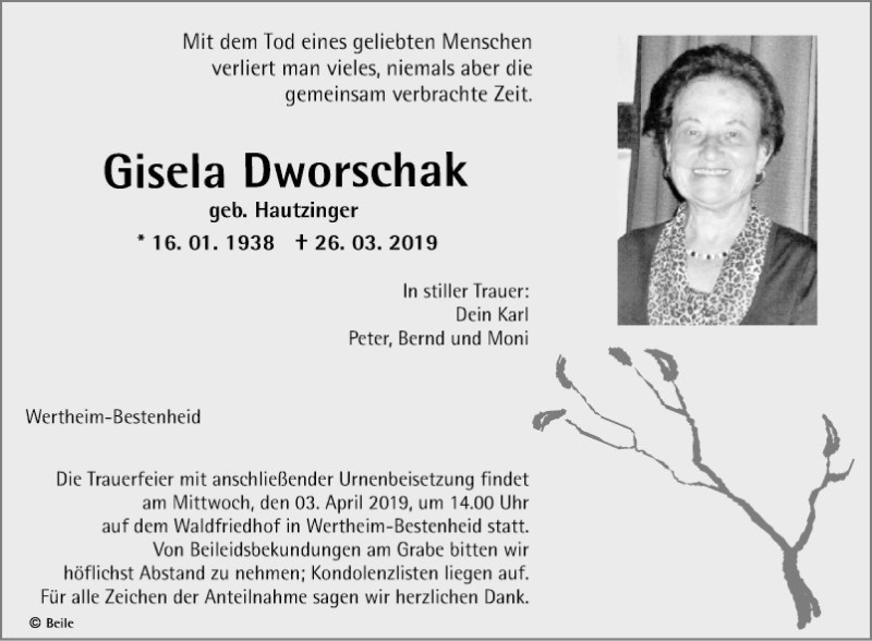  Traueranzeige für Gisela Dworschak vom 30.03.2019 aus Fränkische Nachrichten
