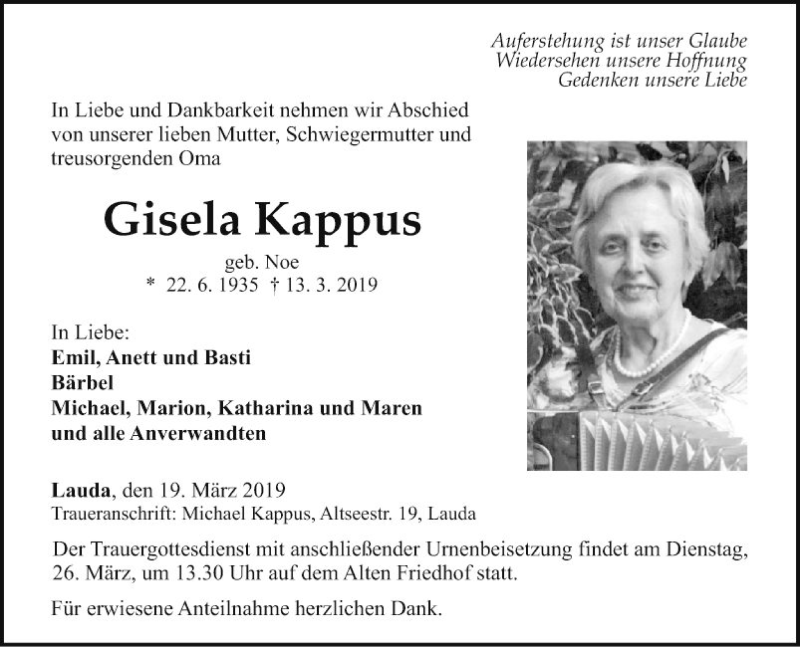  Traueranzeige für Gisela Kappus vom 19.03.2019 aus Fränkische Nachrichten