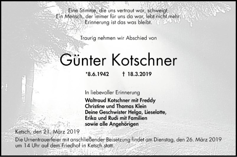  Traueranzeige für Günter Kotschner vom 21.03.2019 aus Schwetzinger Zeitung