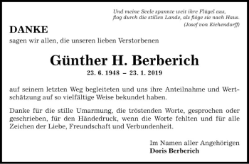 Traueranzeige von Günther H. Berberich von Fränkische Nachrichten