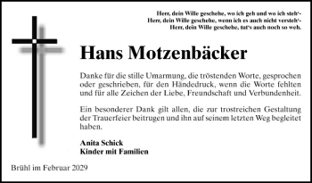 Traueranzeige von Hans Motzenbäcker von Schwetzinger Zeitung