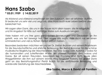 Traueranzeige von Hans Szabo von Fränkische Nachrichten