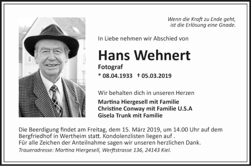  Traueranzeige für Hans Wehnert vom 12.03.2019 aus Fränkische Nachrichten