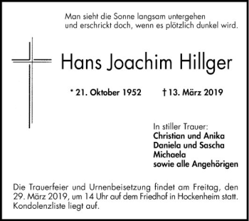 Traueranzeige von Hans Joachim Hillger von Schwetzinger Zeitung