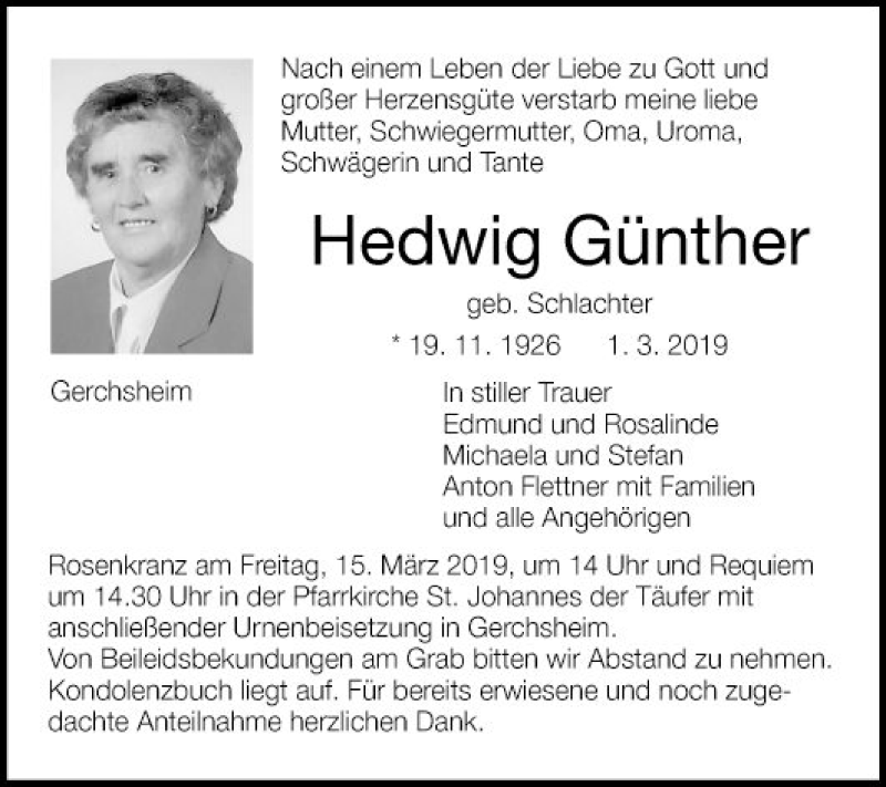  Traueranzeige für Hedwig Günther vom 12.03.2019 aus Fränkische Nachrichten