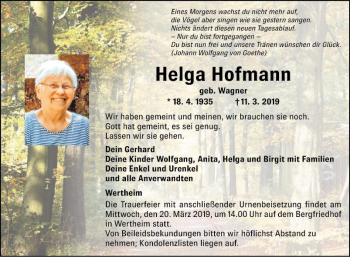 Traueranzeige von Helga Hofmann von Fränkische Nachrichten