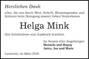 Traueranzeige von Helga Mink von Bergsträßer Anzeiger