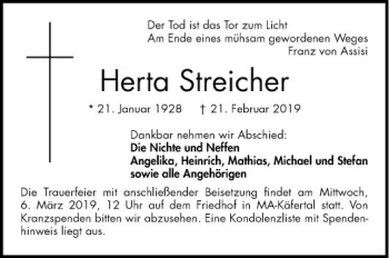 Traueranzeige von Herta Streicher von Mannheimer Morgen