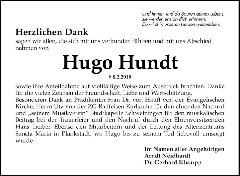  Traueranzeige für Hugo Hundt vom 02.03.2019 aus Schwetzinger Zeitung