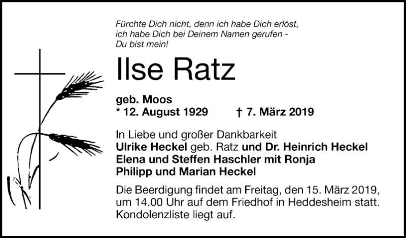  Traueranzeige für Ilse Ratz vom 12.03.2019 aus Mannheimer Morgen
