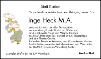 Traueranzeige von Inge Heck von Mannheimer Morgen