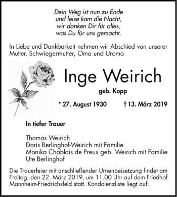 Traueranzeige von Inge Weirich von Mannheimer Morgen
