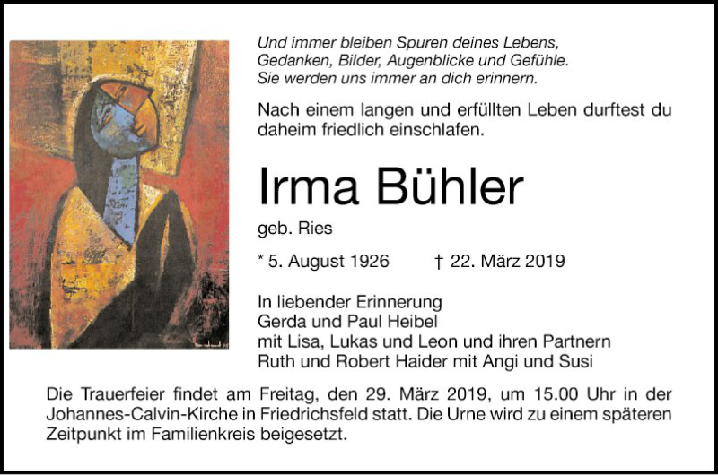  Traueranzeige für Irma Bühler vom 27.03.2019 aus Mannheimer Morgen