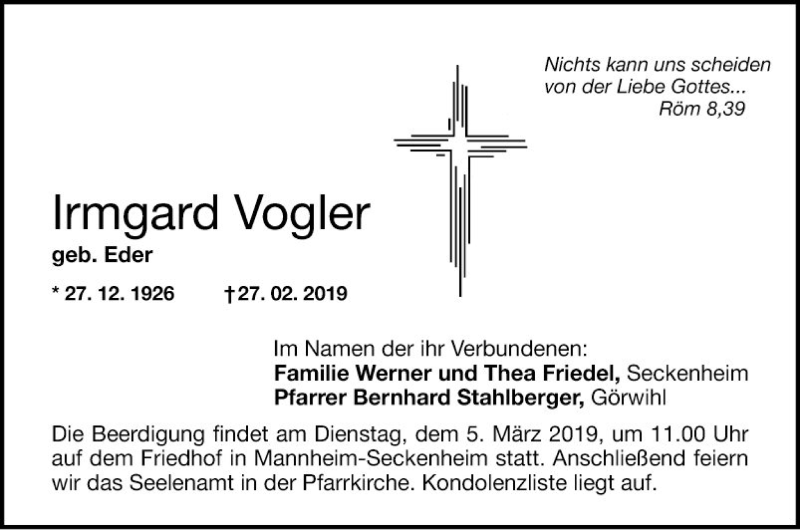  Traueranzeige für Irmgard Vogler vom 02.03.2019 aus Mannheimer Morgen