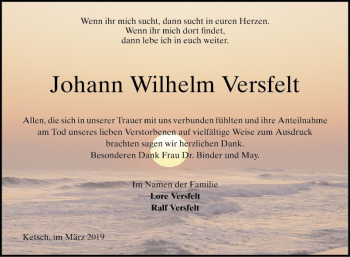 Traueranzeige von Johann Wilhelm Versfelt von Schwetzinger Zeitung