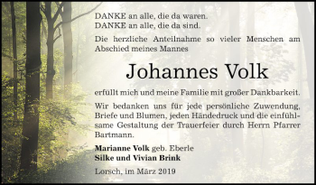 Traueranzeige von Johannes Volk von Bergsträßer Anzeiger