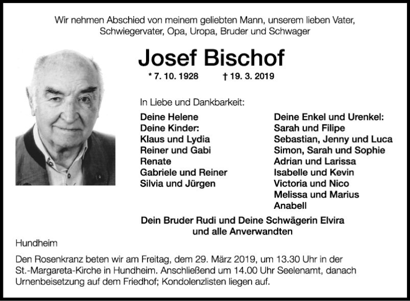  Traueranzeige für Josef Bischof vom 23.03.2019 aus Fränkische Nachrichten
