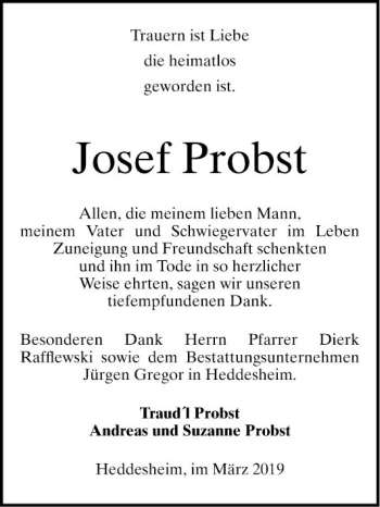Traueranzeige von Josef Probst von Mannheimer Morgen