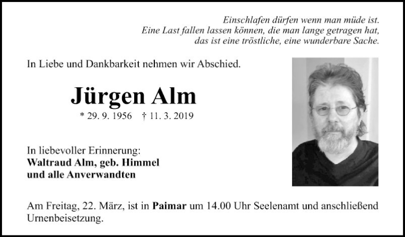  Traueranzeige für Jürgen Alm vom 16.03.2019 aus Fränkische Nachrichten