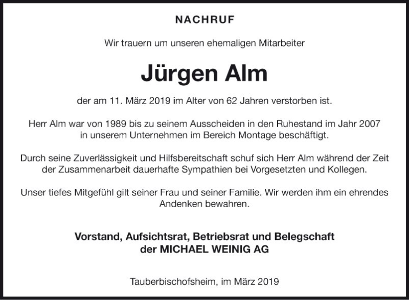  Traueranzeige für Jürgen Alm vom 16.03.2019 aus Fränkische Nachrichten