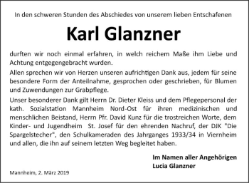 Traueranzeige von Karl Glanzner von Mannheimer Morgen