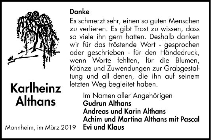 Traueranzeige für Karlheinz Althans vom 09.03.2019 aus Mannheimer Morgen