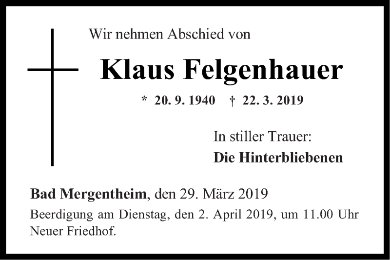  Traueranzeige für Klaus Felgenhauer vom 29.03.2019 aus Fränkische Nachrichten