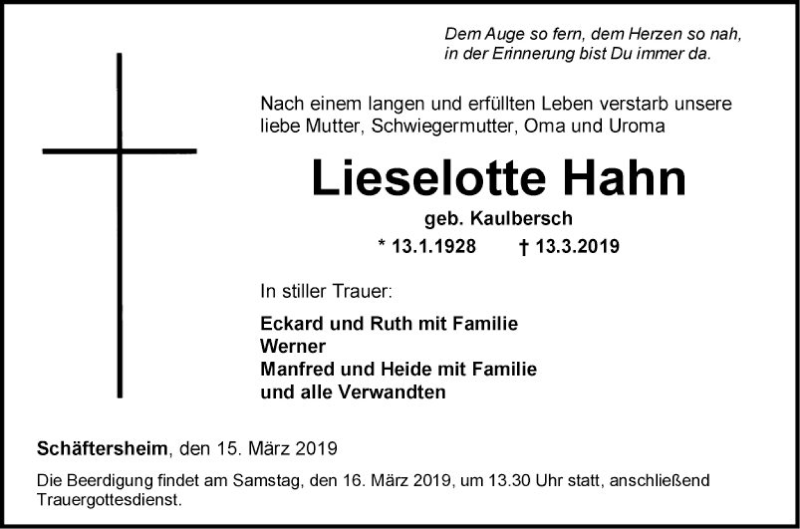  Traueranzeige für Lieselotte Hahn vom 15.03.2019 aus Fränkische Nachrichten