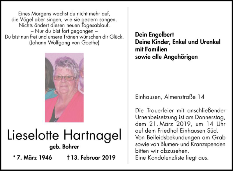  Traueranzeige für Lieselotte Hartnagel vom 18.03.2019 aus Bergsträßer Anzeiger