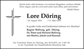 Traueranzeige von Lore Döring von Mannheimer Morgen