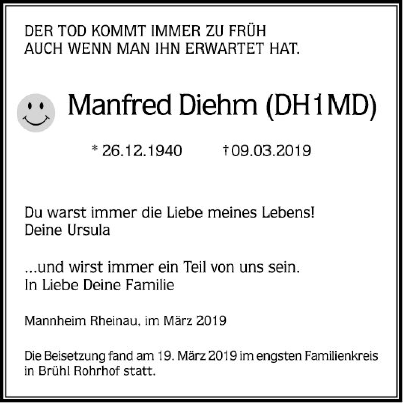  Traueranzeige für Manfred Diehm vom 23.03.2019 aus Mannheimer Morgen
