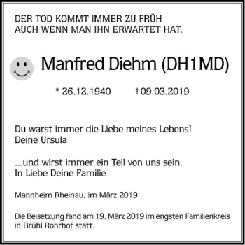 Traueranzeige von Manfred Diehm von Mannheimer Morgen