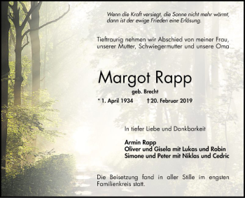 Traueranzeige von Margot Rapp von Mannheimer Morgen