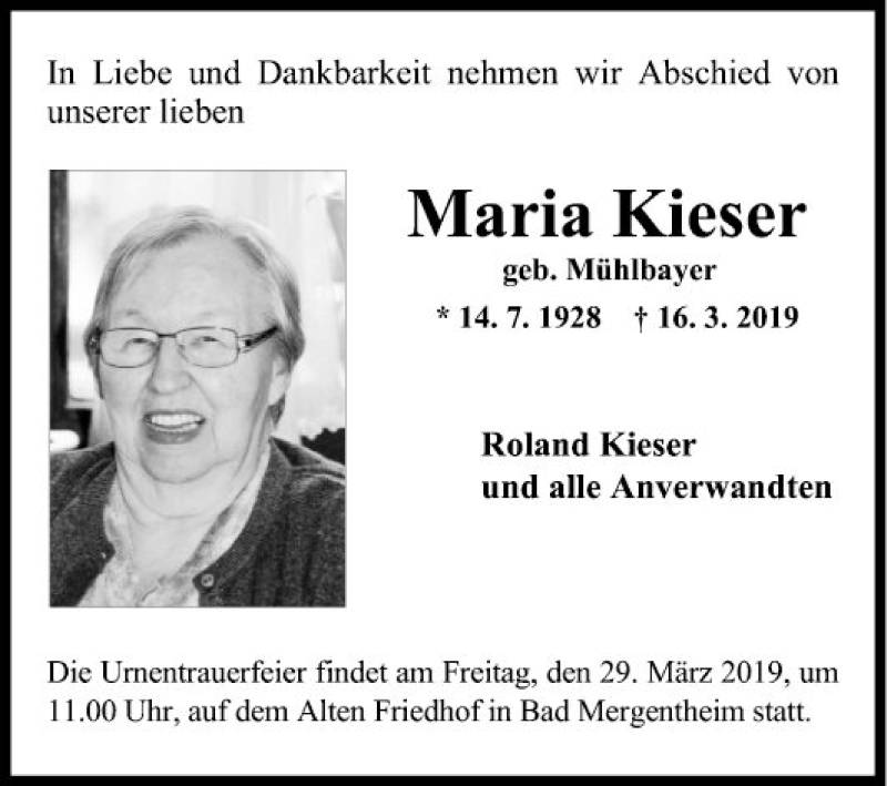  Traueranzeige für Maria Kieser vom 26.03.2019 aus Fränkische Nachrichten