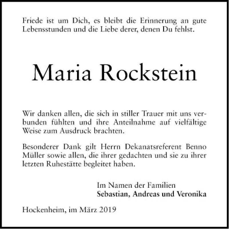  Traueranzeige für Maria Rockstein vom 02.03.2019 aus Schwetzinger Zeitung