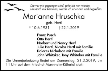 Traueranzeige von Marianne Hruschka von Mannheimer Morgen