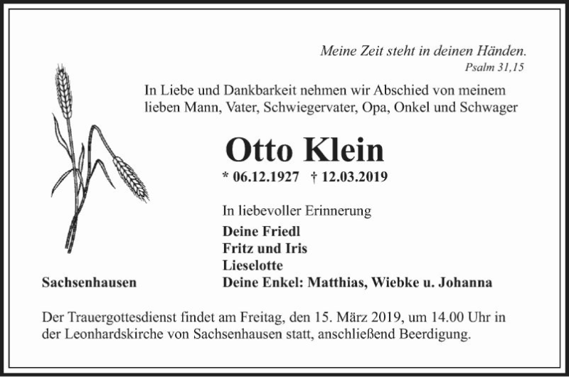  Traueranzeige für Otto Klein vom 14.03.2019 aus Fränkische Nachrichten