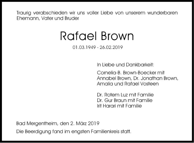  Traueranzeige für Rafael Brown vom 02.03.2019 aus Fränkische Nachrichten