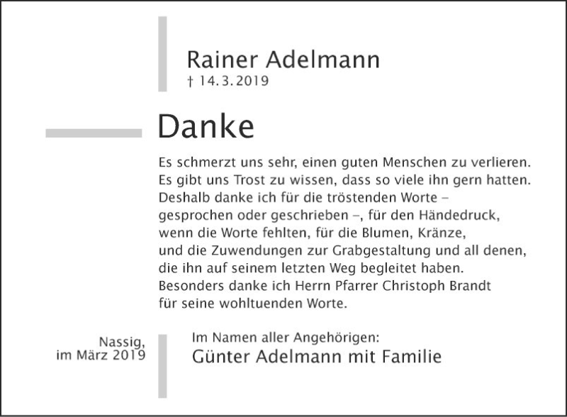  Traueranzeige für Rainer Adelmann vom 28.03.2019 aus Fränkische Nachrichten