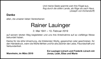 Traueranzeige von Rainer Lauinger von Mannheimer Morgen