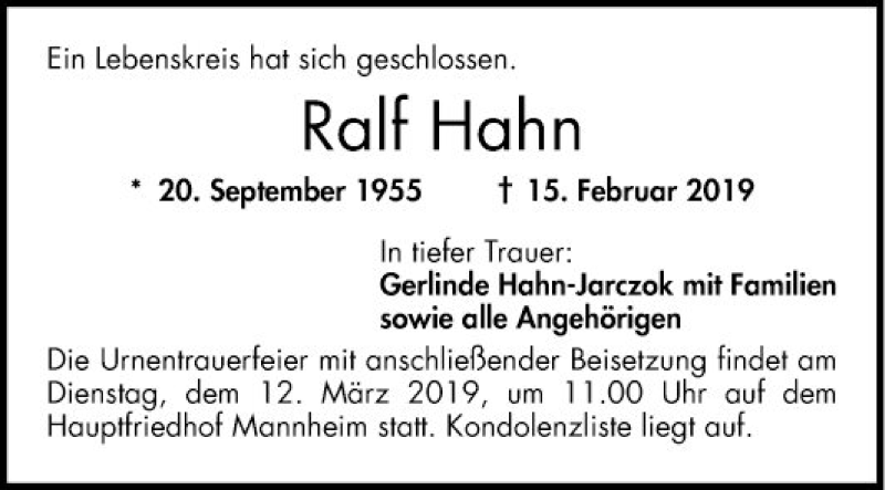  Traueranzeige für Ralf Hahn vom 02.03.2019 aus Mannheimer Morgen