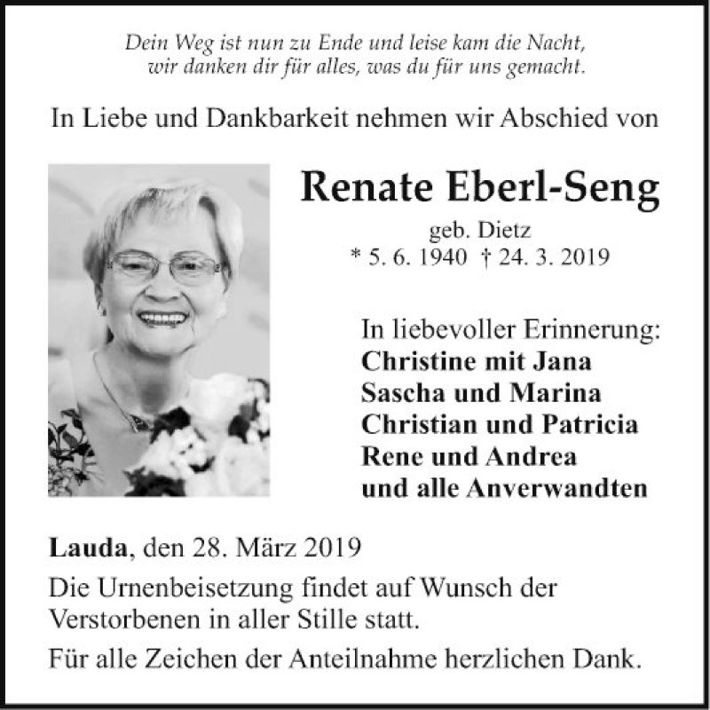 Traueranzeigen von Renate Eberl-Seng | Trauerportal Ihrer Tageszeitung