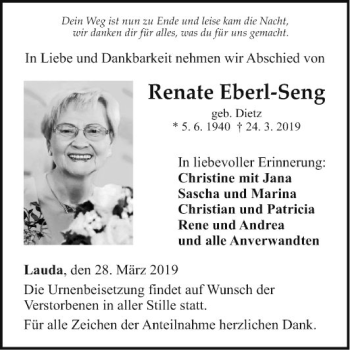 Traueranzeige von Renate Eberl-Seng von Fränkische Nachrichten